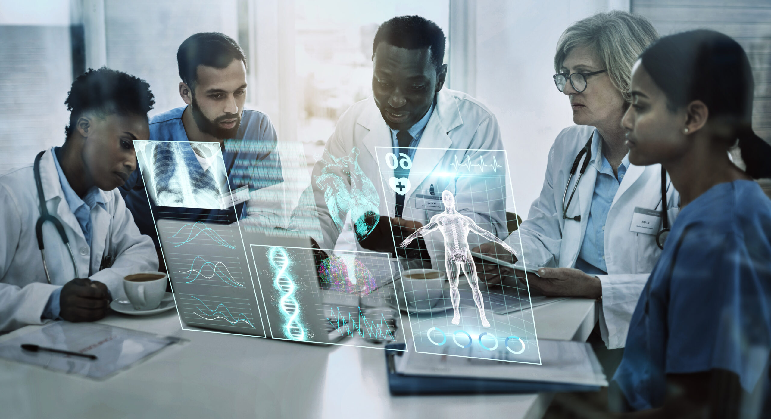 Laptop, team work or doctors in meeting with 3d holographic overlay for anatomy research in hospita.