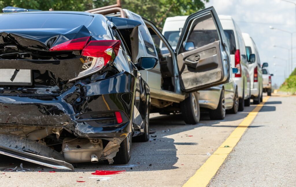 Modern car accident involving many cars on the road in Thailand