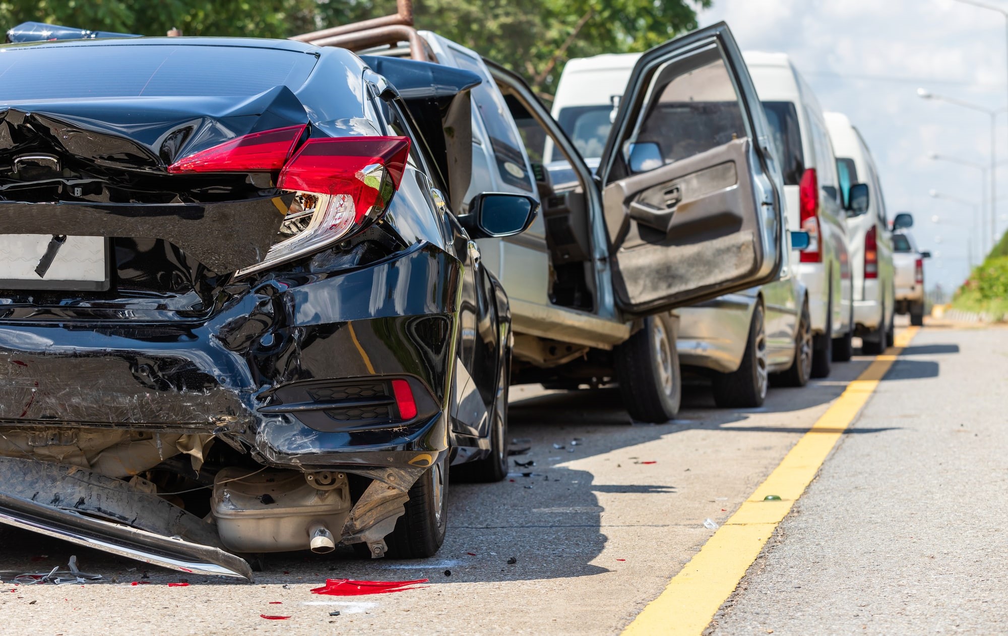 Modern car accident involving many cars on the road in Thailand